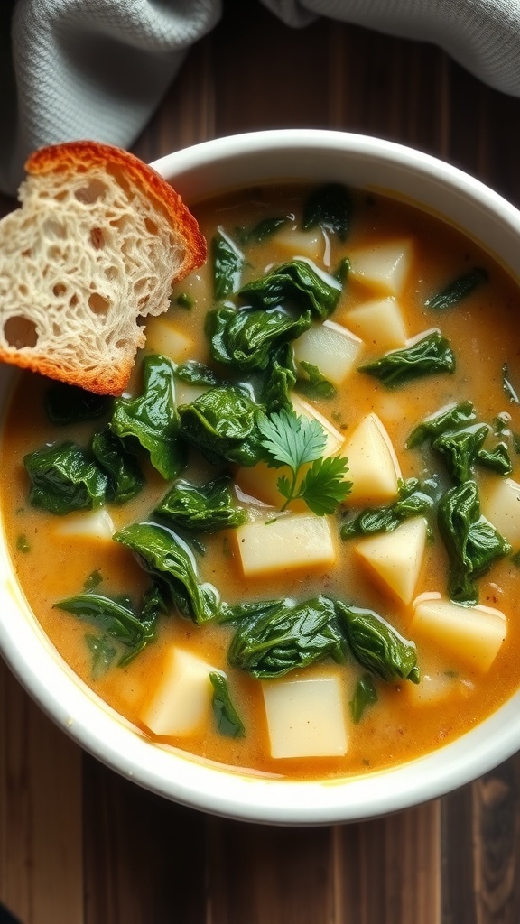 A bowl of creamy kale and potato soup with kale leaves and diced potatoes, garnished with parsley, alongside a slice of crusty bread.